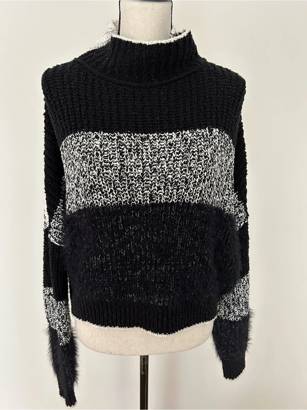 Free People Black White Cropped Knit Mock Neck Dolman Sweater S/P